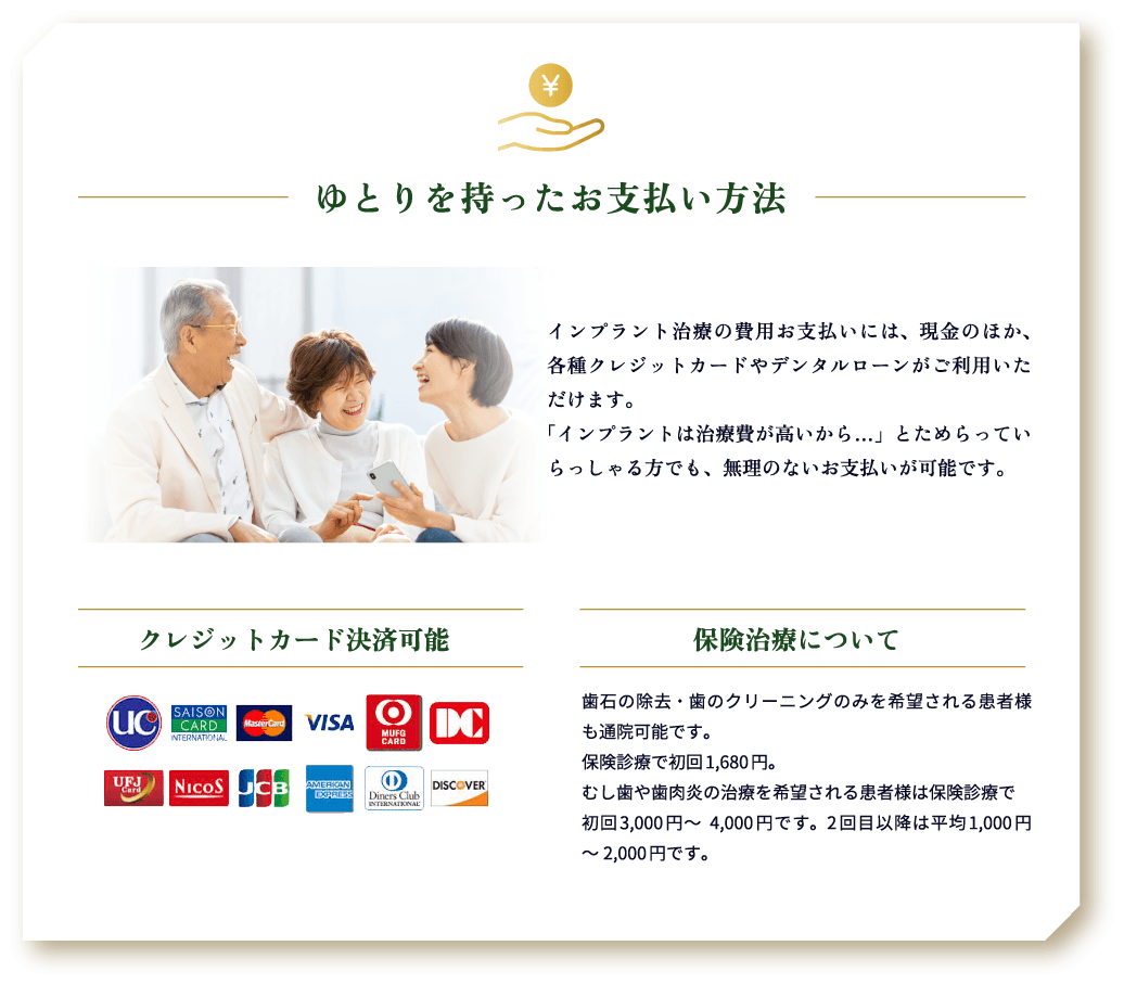 ゆとりを持ったお支払い方法 クレジットカード決済可能 保険治療について
